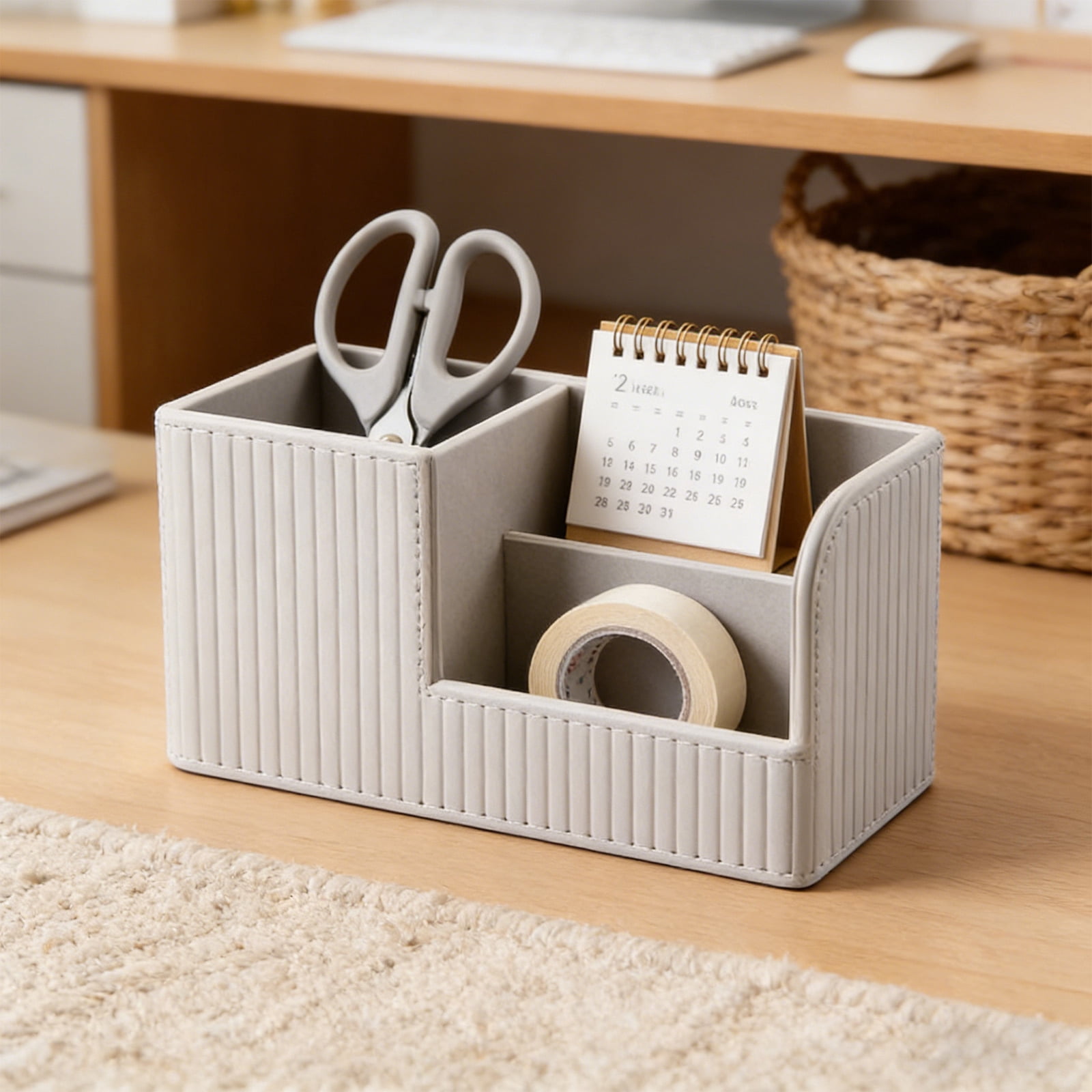 Leather Office Desk Organizer Pen Holder with Multi Compartments PU Storage Box for Pencils Markers Ruler Stationery