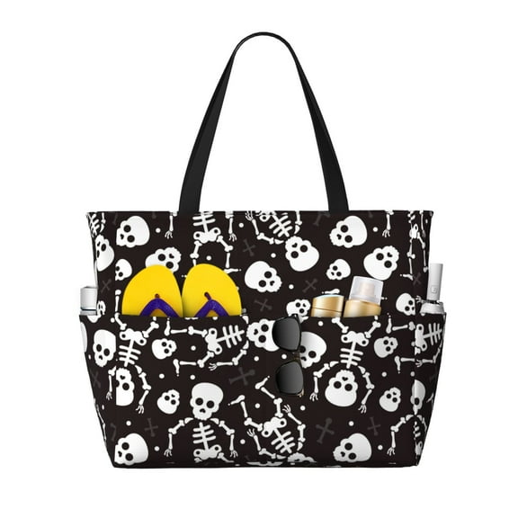 Pofeuu Skeleton Print Beach Bag,Waterproof Sandproof Beach Tote Bag, Large Capacity Foldable Beach Bags for Women