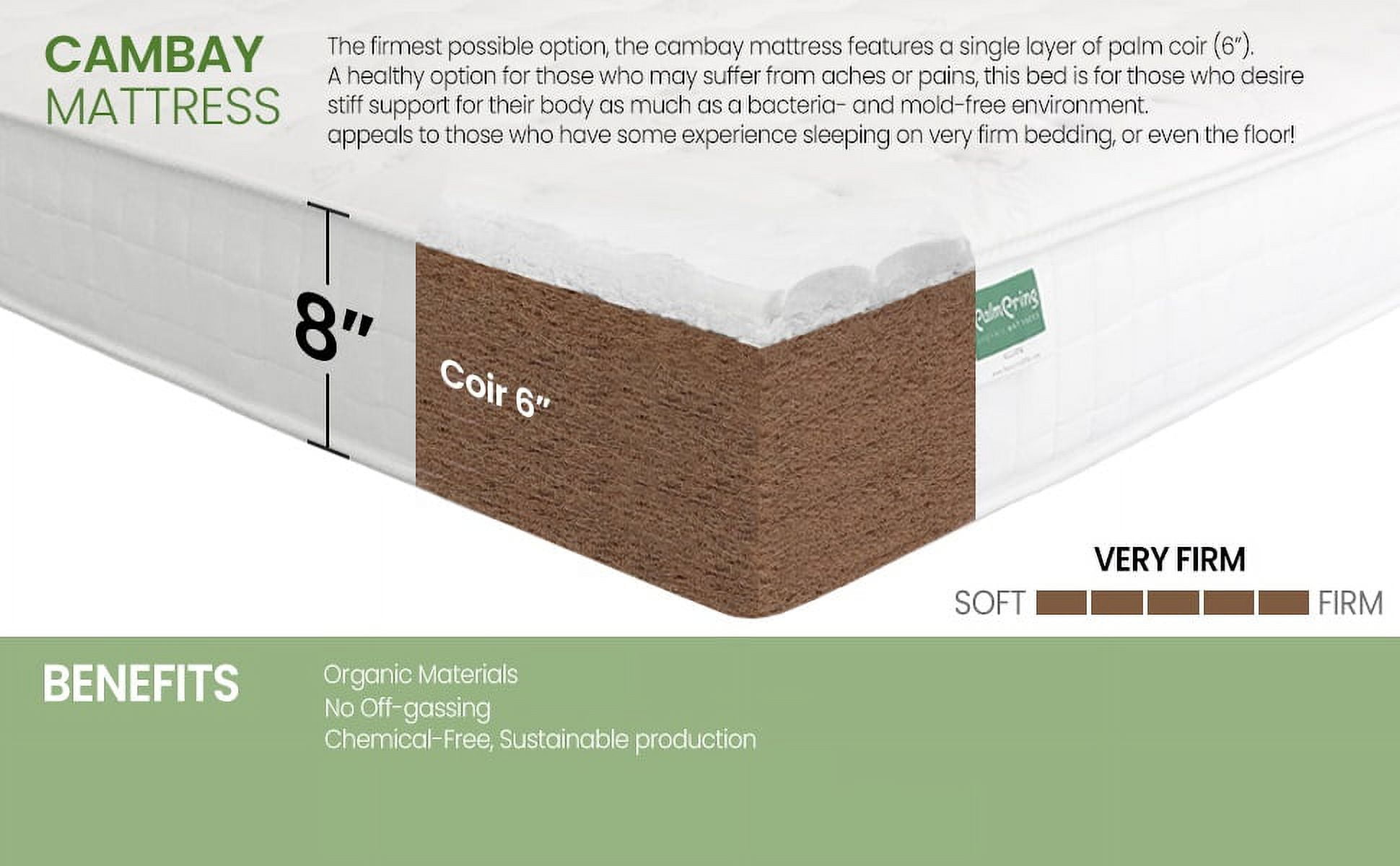 Palmpring Organic Cambay King Mattress - Organic Coconut Coir 8” Extra Firm 1 Layer Comfortable Sleep Bed Dust Free