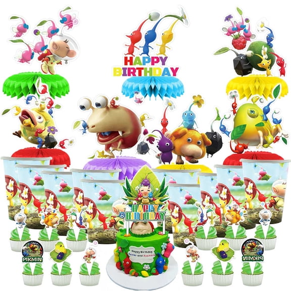 Pikmin Party Supplies Decor Cups Fans Decorations Honeycomb Centerpieces Cake Toppers