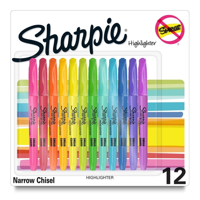 Sharpie Pocket Highlighters, Narrow Chisel Tip, Assorted Colours, 12 Count