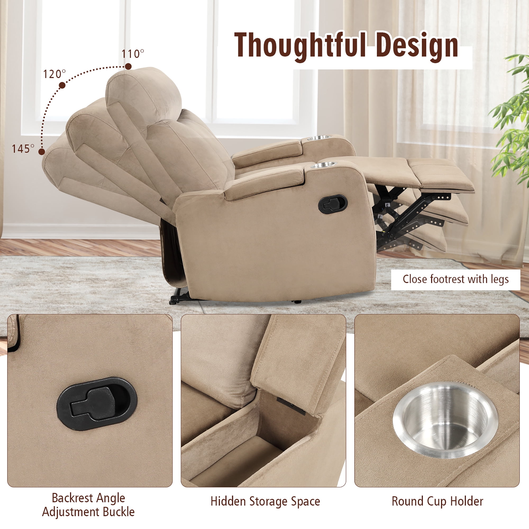 Costway Recliner Chair Single Sofa Lounger with Arm Storage & Cup Holder Brown