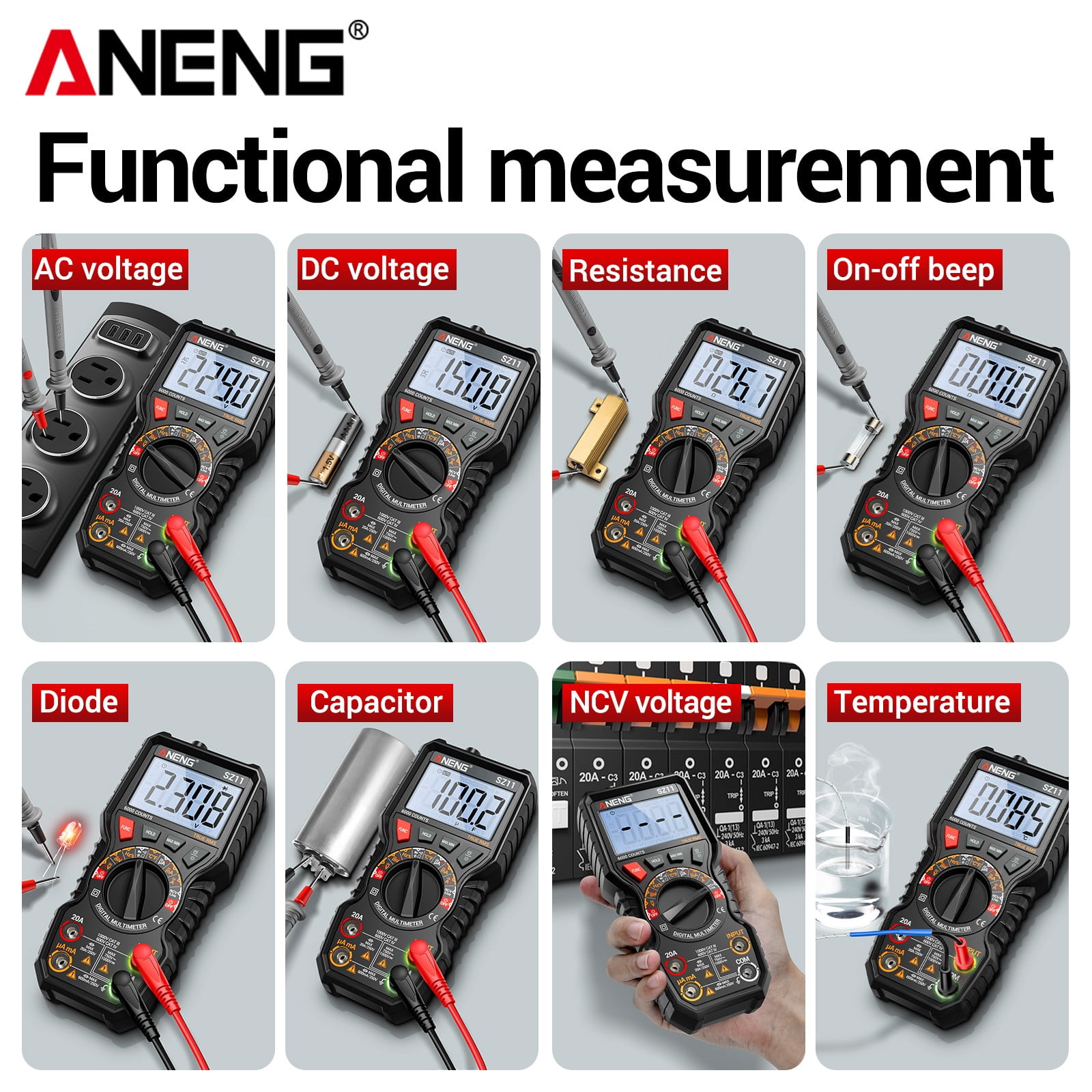 ANENG Digital Multimeter SZ11 True RMS 6000 Counts Multi-Range NCV Magnetic 1-Pack
