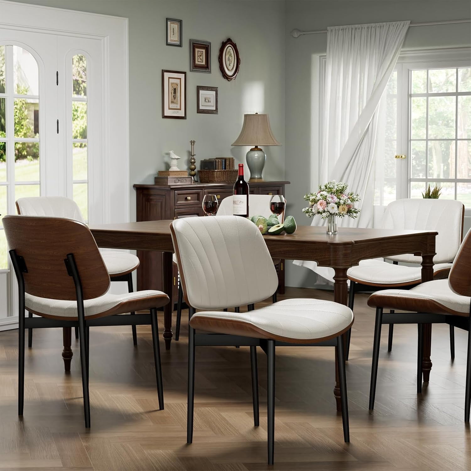 GIKPAL Dining Chairs Set of 6 PU Faux Leather Walnut for Mid-Century Modern Kitchen & Dining Room,Beige