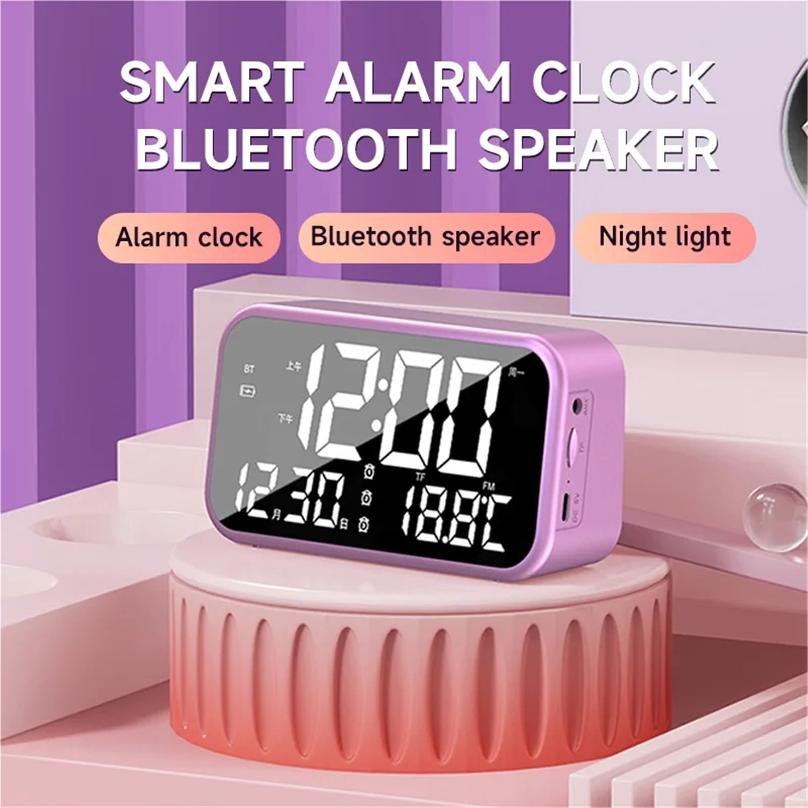 Digital Alarm Clock Bluetooth Speaker Tf Card/usb Playback, Auto Time Set For Bedroom & Office