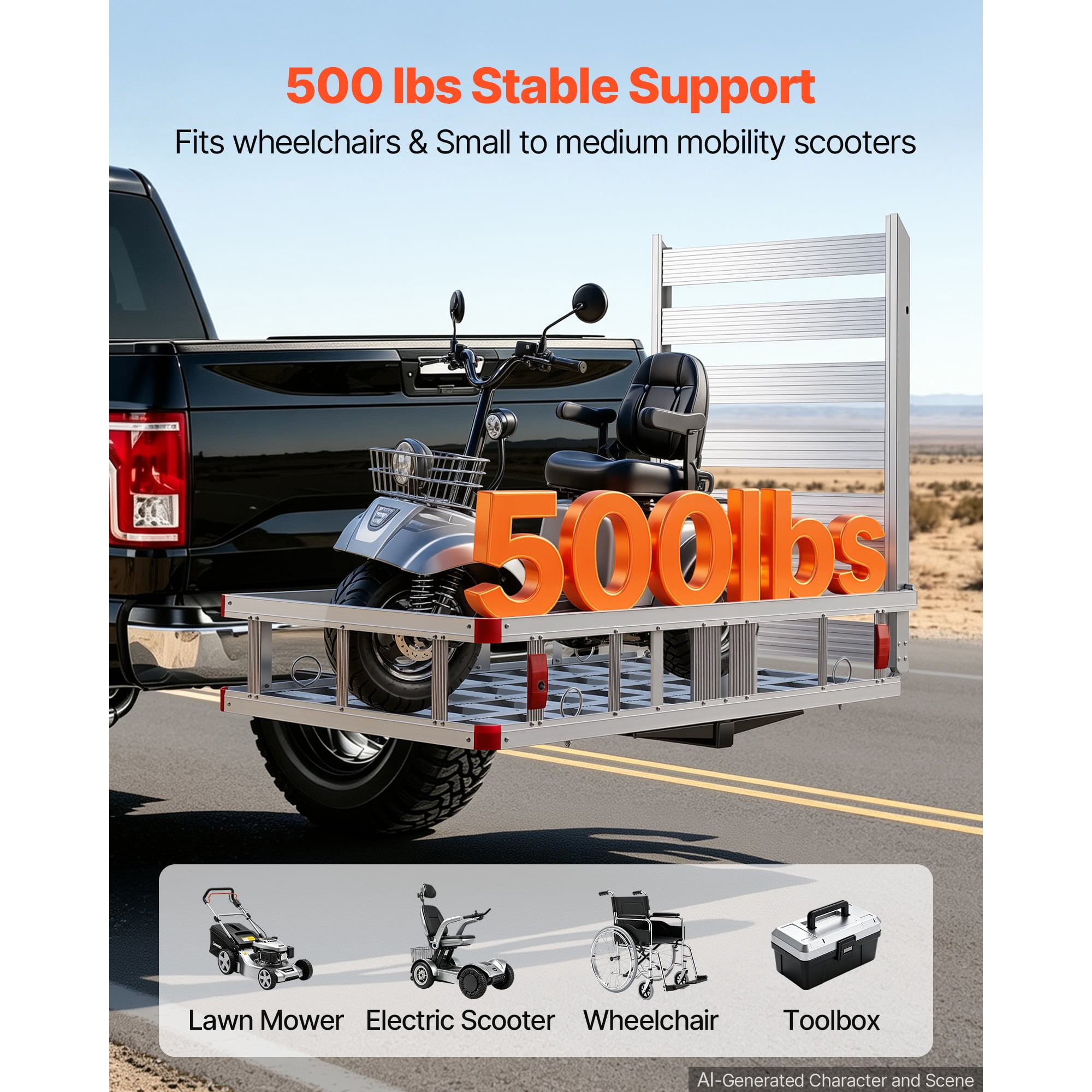 KFFKFF Hitch Mount Wheelchair Carrier, 500LBS Capacity Mobility Scooter Rack with Folding Ramp, Aluminum Cargo Basket & Stabilizer Kit, Compatible with 2" Receiver for Truck, SUV, 50" x 29.5" x 8.9"