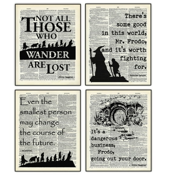 4PCS LOTR Unframed Dictionary Art Prints - Lord of The Rings - J.R.R. Tolkien Quote - 8x10 Print - Office Home Wall Decor - Inspirational Gift for Friends, Family, Coworkers