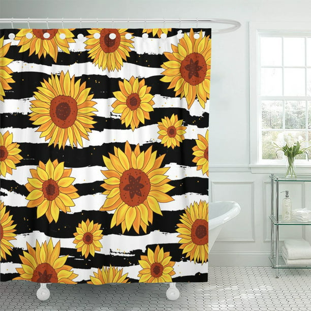 Pknmt Yellow Of Sunflowers On Striped, Yellow And Black Shower Curtain