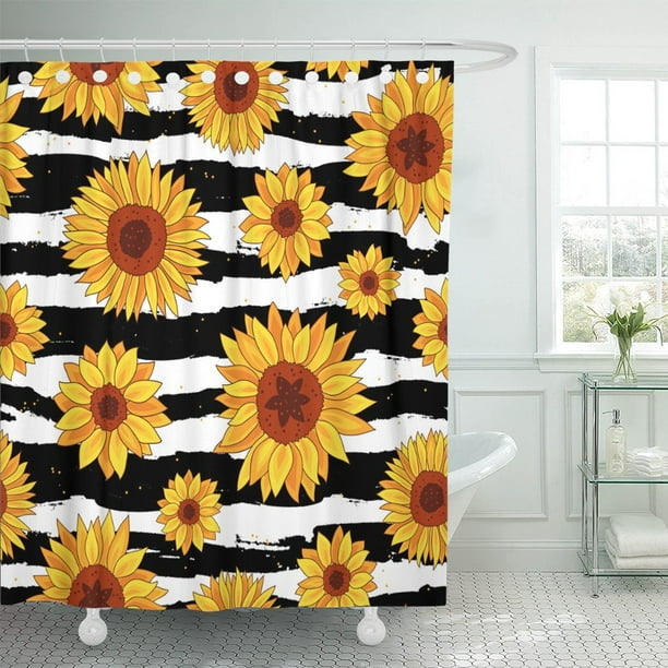 Pknmt Yellow Of Sunflowers On Striped Black And White Summer Shower Curtain 60x72 Inches Com Pknmt Yellow Of Sunflowers On Striped, Yellow And Black Shower Curtain