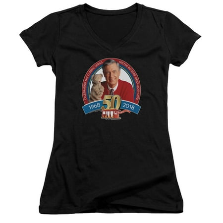 Mister Rogers - 50Th Anniversary Design Juniors Cap Sleeve V-Neck Shirt Small