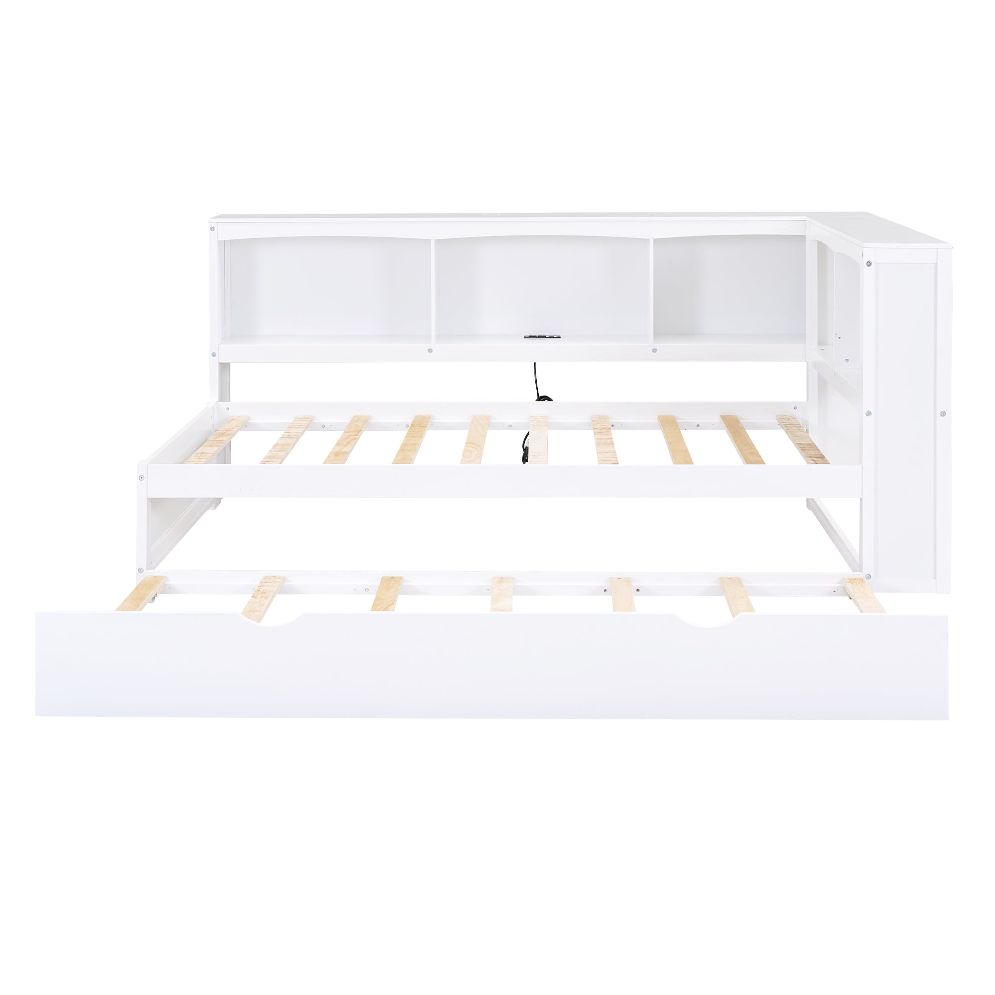 Euroco Wood Twin Daybed with Trundle,Storage Shelves and Charging Station Sofa Bed for Bedroom,White