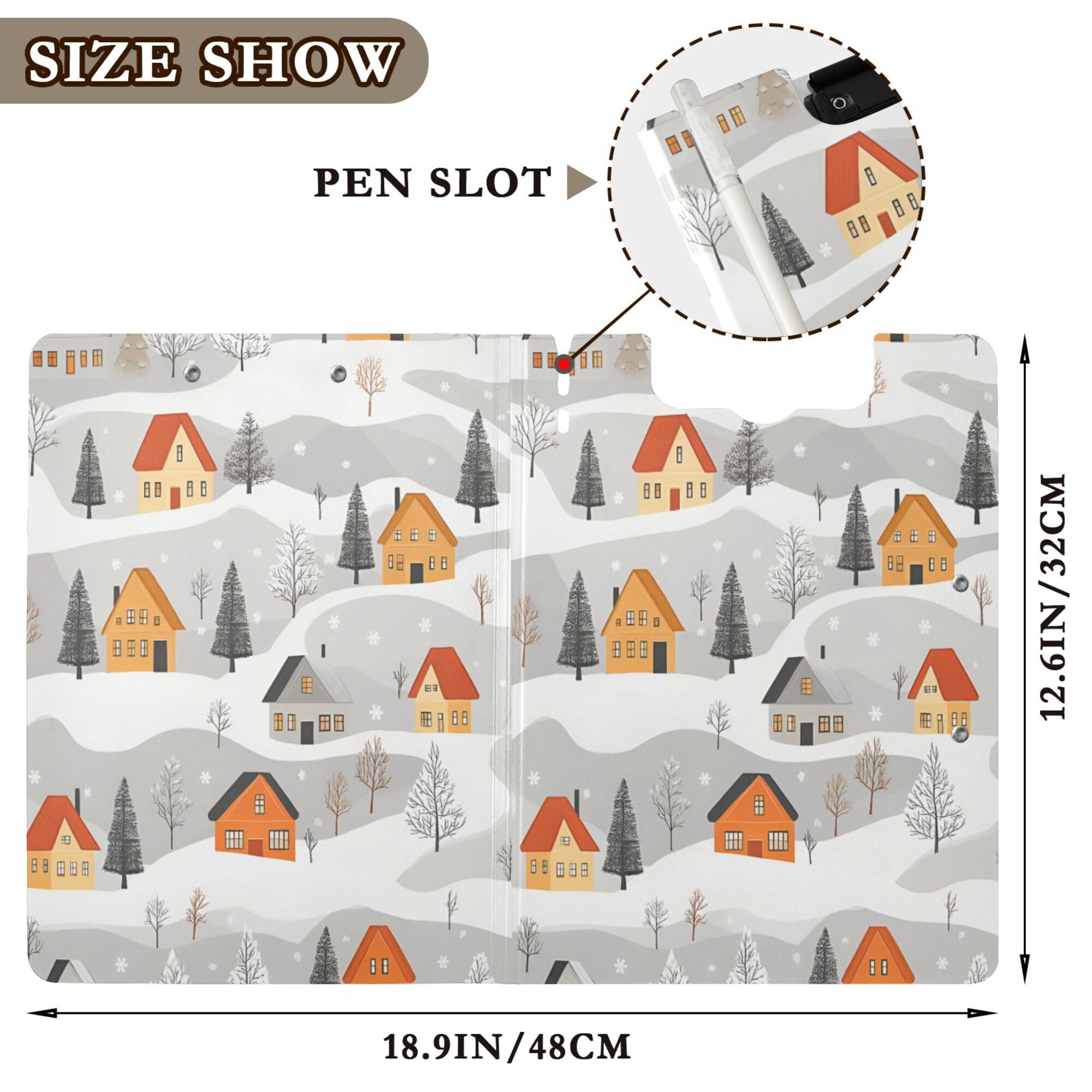 FORMRS A4 Clipboard Folder with Pen Holder Horizontal Foldable School Office Binder, Orange Snow Houses