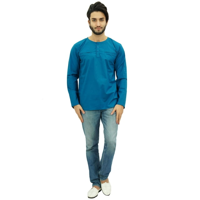Atasi Kurta pour Homme à Col Rond en Coton, Manches Retroussables, Chemise Bleue - Petit