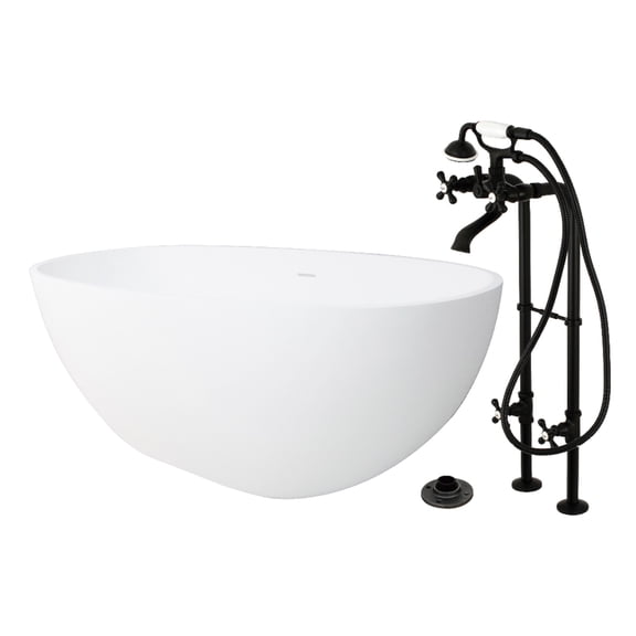 Kingston Brass KRTRS6531266K0 65-Inch Solid Surface Oval Double Ended Freestanding Tub with Faucet Combo and Drain in Matte Black