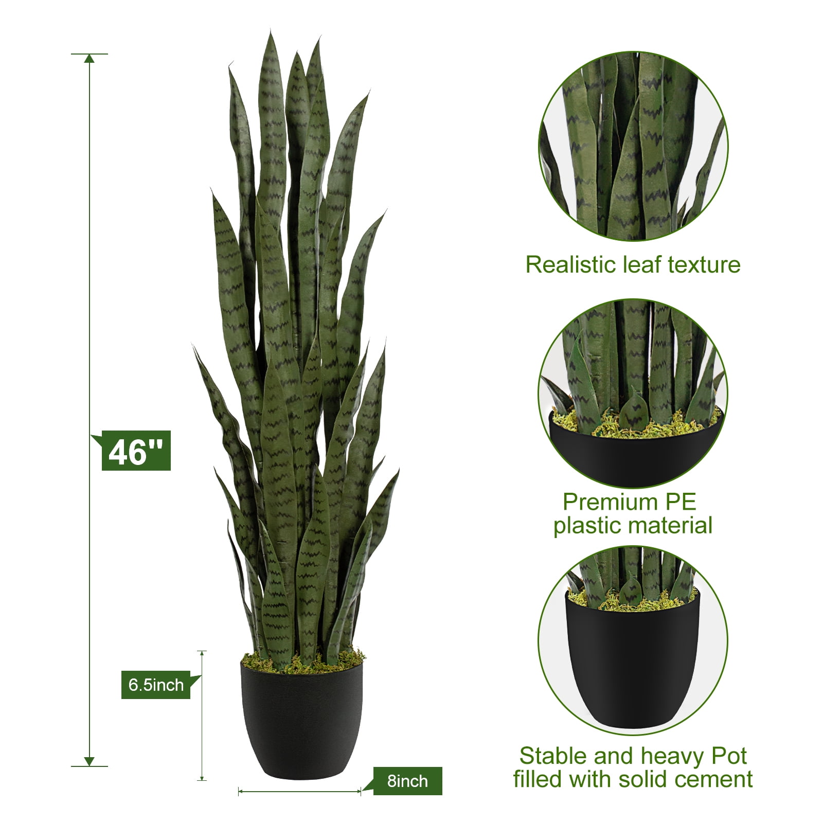 4ft Artificial Snake Plant – 48in Faux Sansevieria Plants, Fake Floor Plant for Indoor Outdoor, Front Porch Patio Home Office Decor, Mother-in-Law’s Tongue, Green 1Pcs