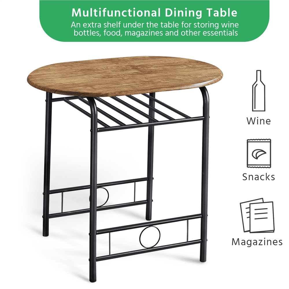 Fullfurnique Modern 3-piece Round Dining Table and 2 Chairs Set with Steel Legs, Brown