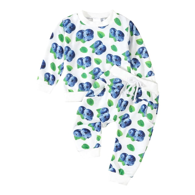 Odeerbi 0-3 Años Niño Niña Conjunto de Algodón Sudadera de Cuello Redondo Sudadera Pantalón Conjunto de Dos Piezas Cuello Redondo Y Manga Larga Con Estampado de Arándanos