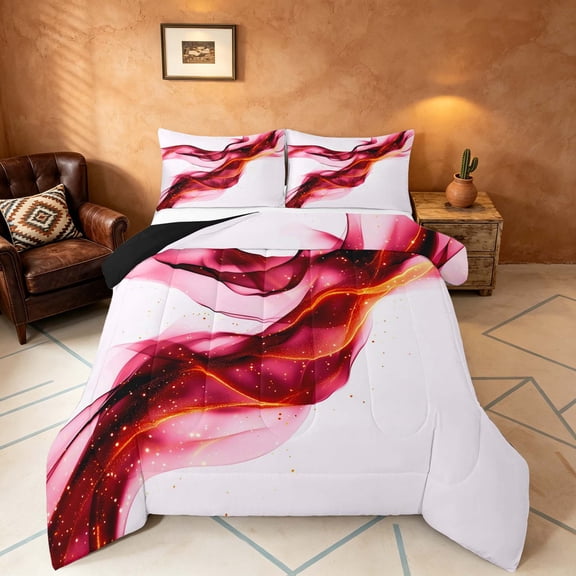 Manfei Aesthetic Abstract Artwork Full Size Comforter Sets, Watercolor Painting Bedding Comforter Set, Pink White, Black Reversible 3 Pieces, 1 Comforter and 2 Pillowcases