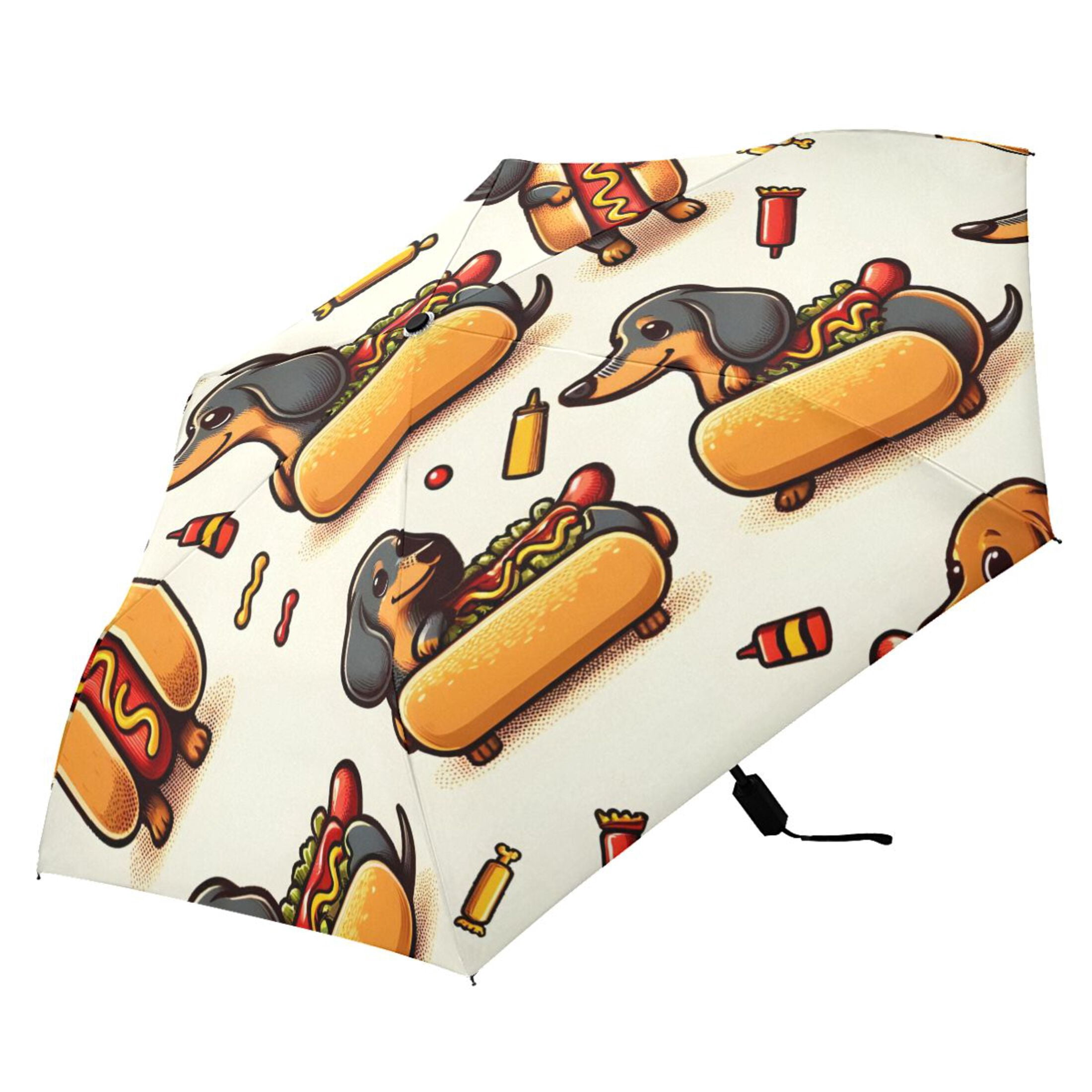 Dachshund Dog in Hot Dog Compact Sun Umbrella Windproof Travel Umbrellas for Rain Strong Portable UV Protection