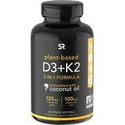 Vitamin D3   K2 with Organic Virgin Coconut Oil | Plant-Based Vegan D3 (5000iu) with MK7 Vitamin K2 (100mcg) from Chickpea | Non-GMO & Vegan Certified (60 Veggie Softgels)