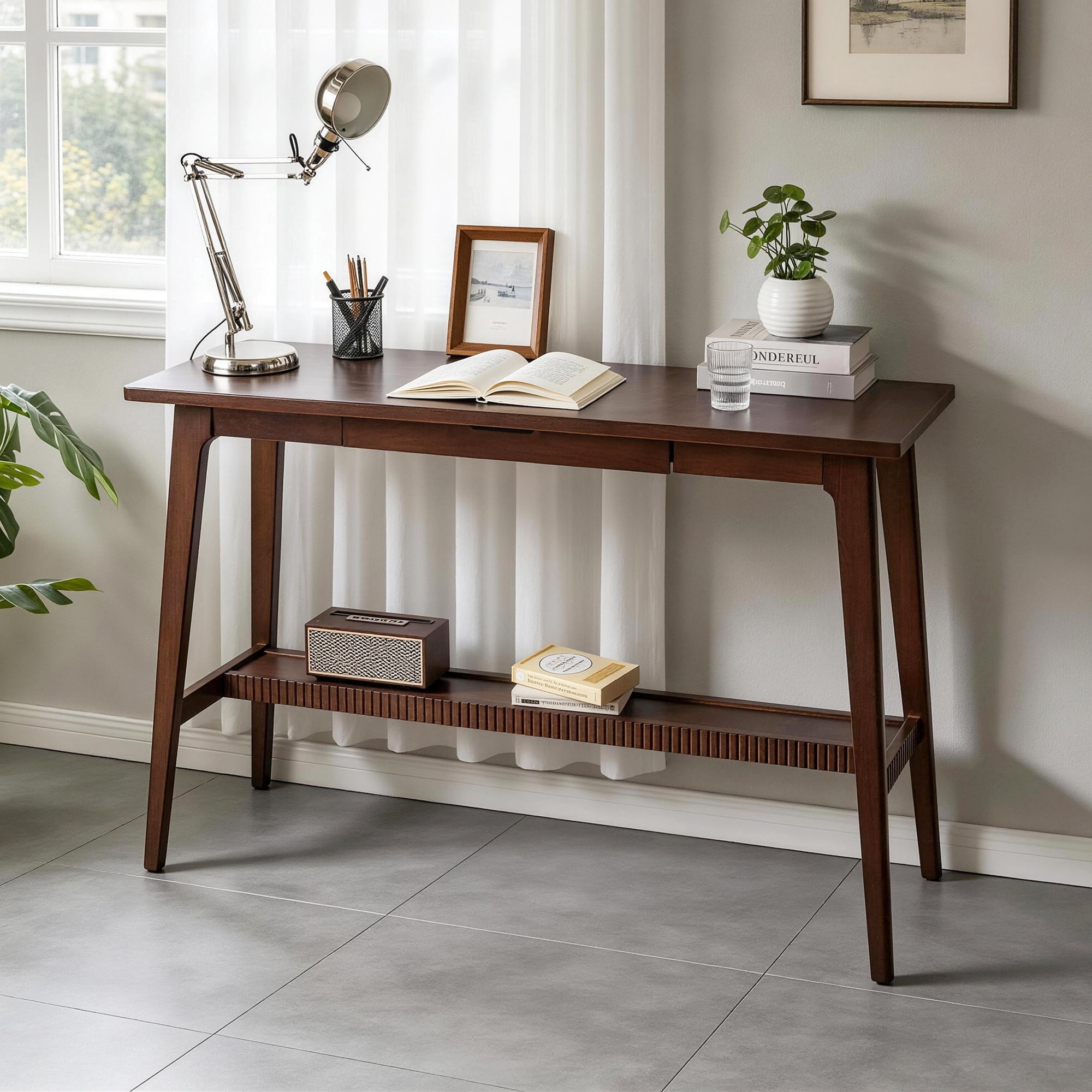 GARITIN Solid Hardwood Student Study Desk, Long Computer Writing Table with Drawer & Storage Shelf, Home Office Workstation for Study Room Bedroom, Walnut