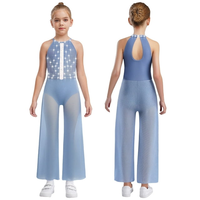 iiniim One Piece Rompers Overall for Girls Rhinestones Dance Bodysuit Disco Party Wide Leg Pants Playsuit Dusty Blue 16
