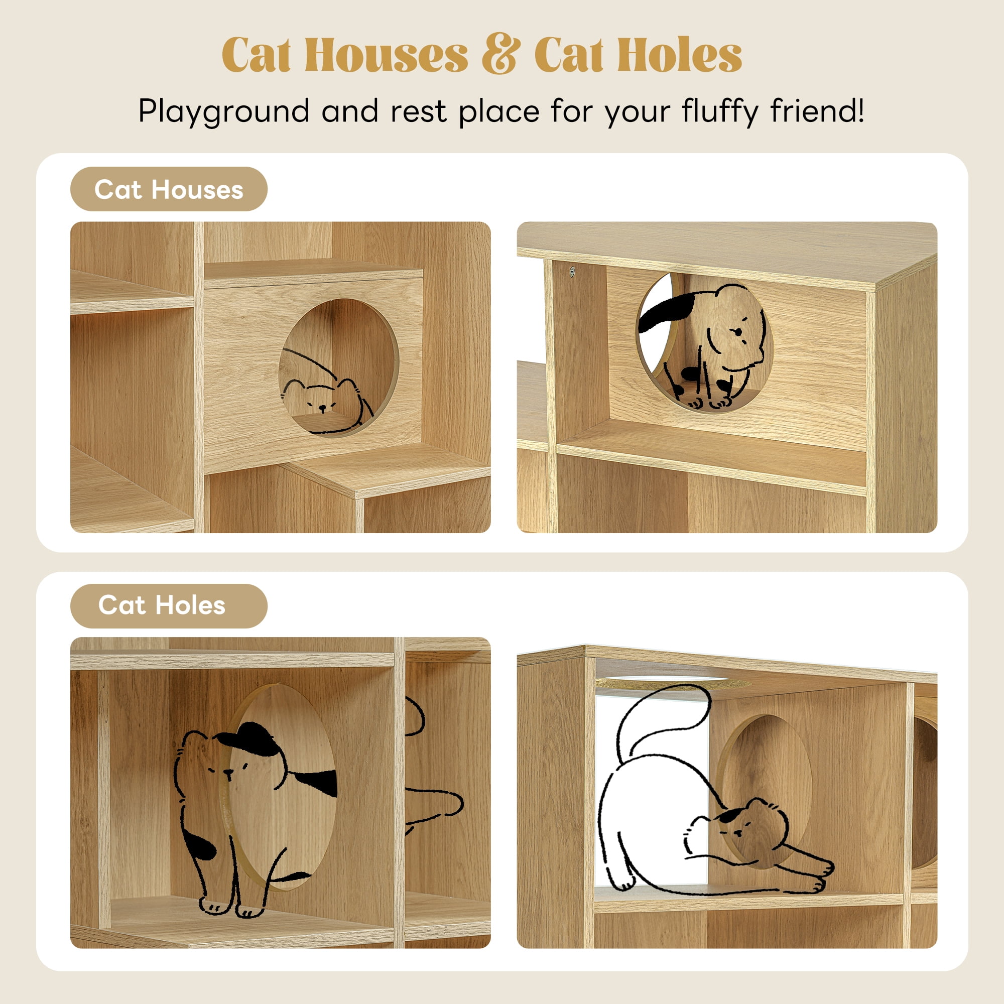 Euroco 2 in 1 Wood Bookshelf Cat House, Modern Cat Tree Display Case with Storage,Built-in Cat Houses and Pass-Through Cat Holes,Cat Litter Box Enclosure Climbing Shelf,Natural