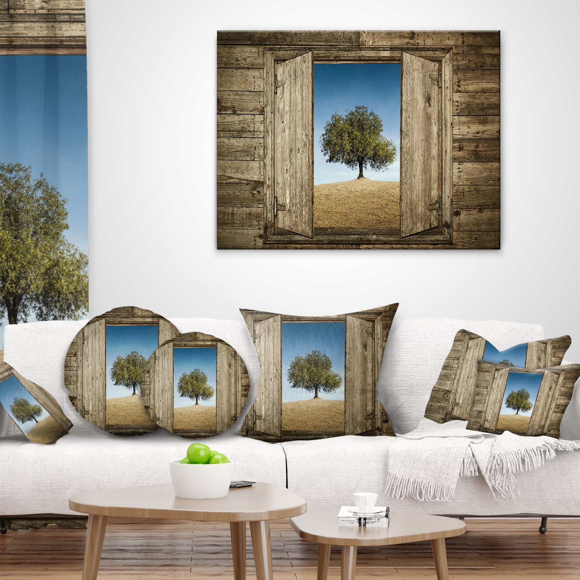 Designart Window Open To Solitary Tree - Modern Landscape Printed Throw Pillow - 16x16
