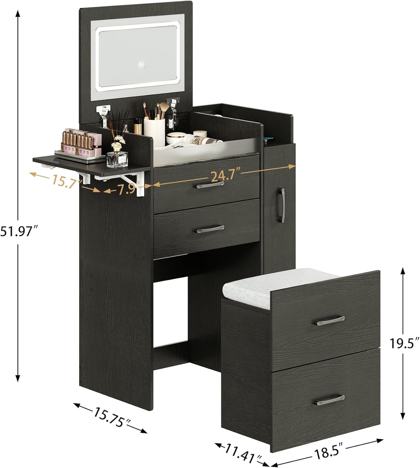Herture 3 in 1 Vanity Desk with Flip Top Mirror, LED Lights, Side Cabinet,Collapsible Desk Panel, Hidden Stool with Storage, Small Makeup Vanity Table with Power Outlets, Compact Vanity,Black PT01DTB