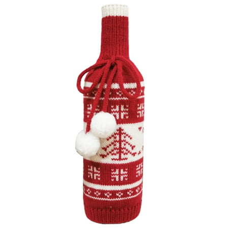 

benbor Bow Tied Plush Balls Creative Wine Bottle Cover Snowflake Deer Tree Print Christmas Knitted Wine Bottle Bag Festival Supplier