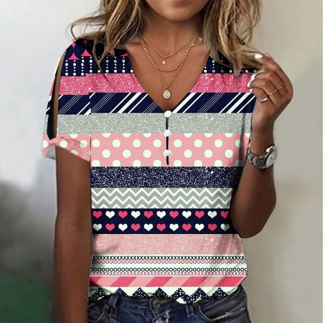 Fiudx Camisas de Mujer Camiseta de Manga Corta con Cuello En V y Estampado Informal para Mujer, Jersey con Botones, Camiseta de Manga Cruzada de Verano