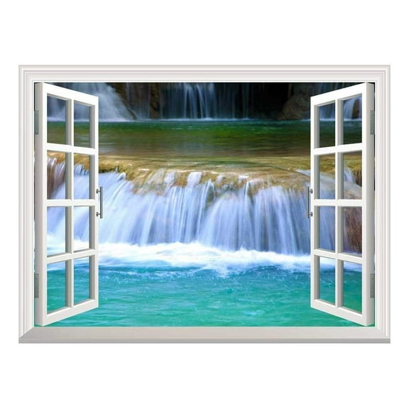 Wall26 Removable Wall Sticker / Wall Mural - Natural Mountain Cascading Waterfall | Creative Window View Home Decor / Wall Decor - 24"x32"