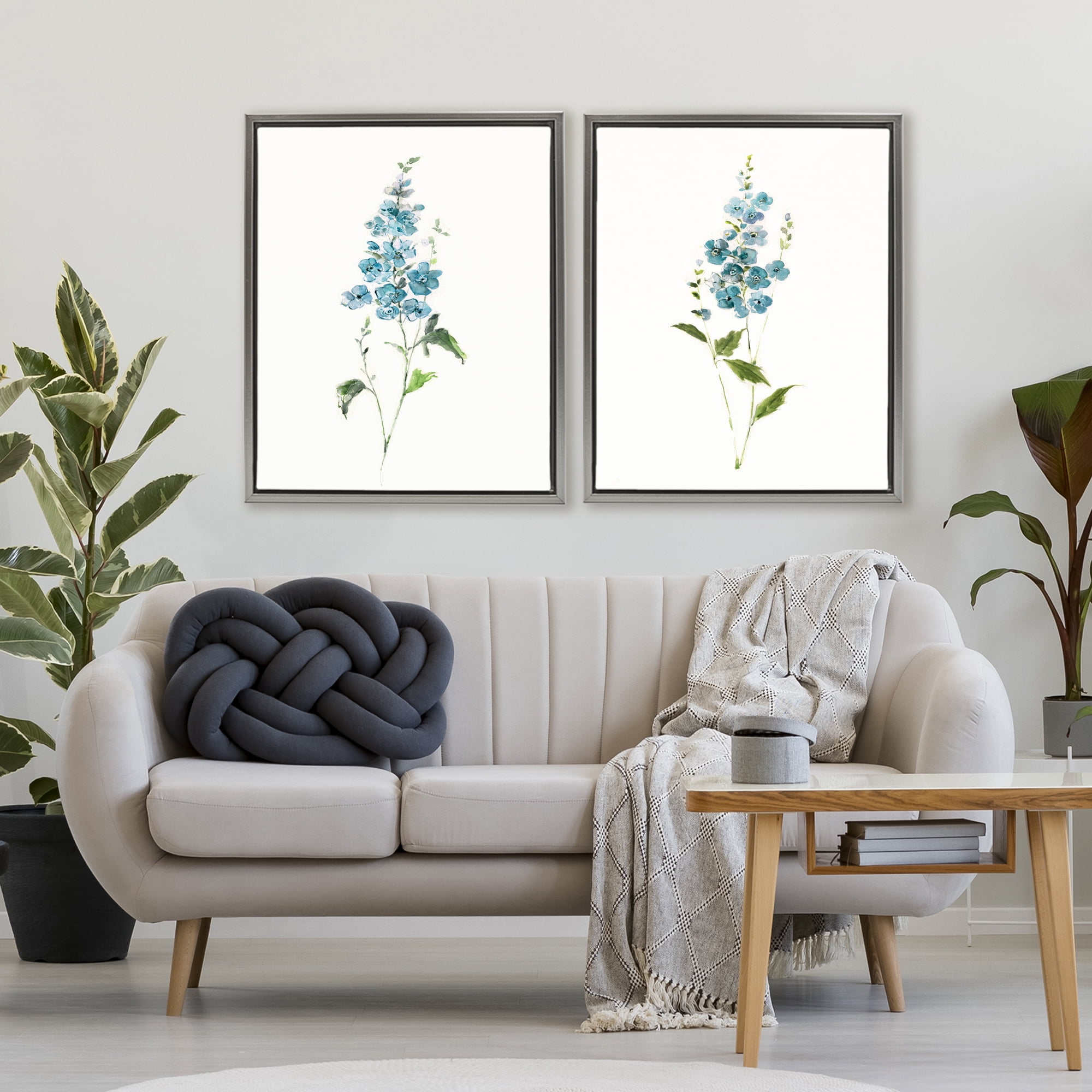 Stupell Industries Blue Watercolor Sprigs 2 Piece Gray Framed Floater Canvas Set, design by Sally Swatland