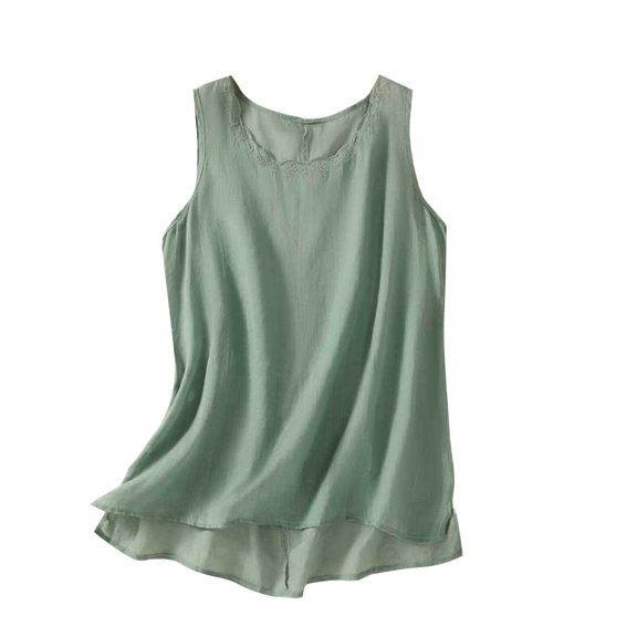 Giftesty Tank Tops for Women Women's Summer Loose Round Neck Solid Color Cotton and Linen Short Sleeve Shirt Loose Slim Top Round Neck Top Shirt