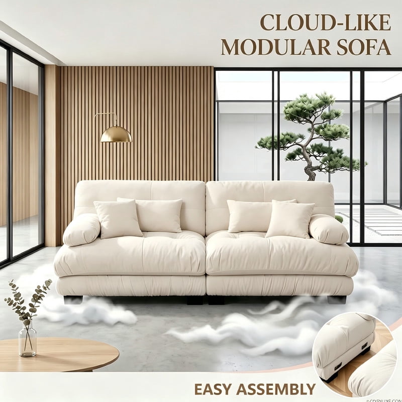ANPPORT Cloud Couch Sleeper Sofa, Chenille Light Coffee 2-Seater Modular Sofa, 2 Lumbar pillows, 2 Pillows, Comfy Deep Seat Cloud Sofa, Convertible L-Shaped Floor Couch for Living Room
