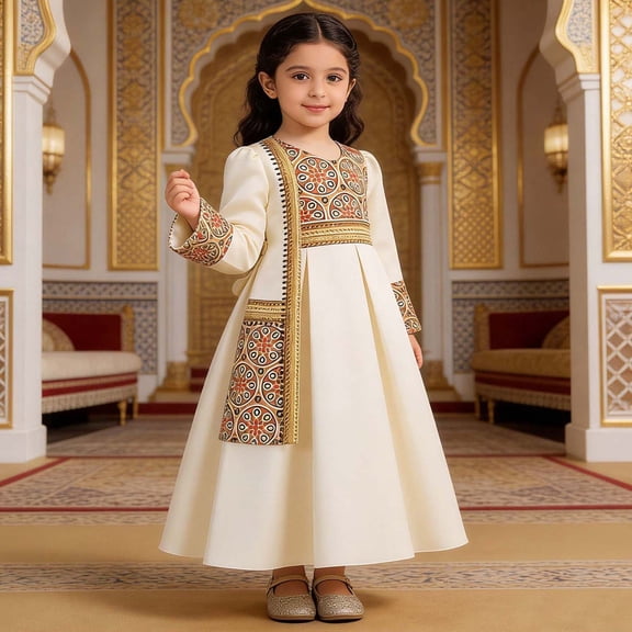 Wuxian Child Girls Long Sleeve Dresses Traditional Flower Plaid Graphic Embroider Round Neck High Waist Pleated A-Line Long Dress Fashionable Party Birthday Breathable Cozy Dailywear,Beige,3-4 Years
