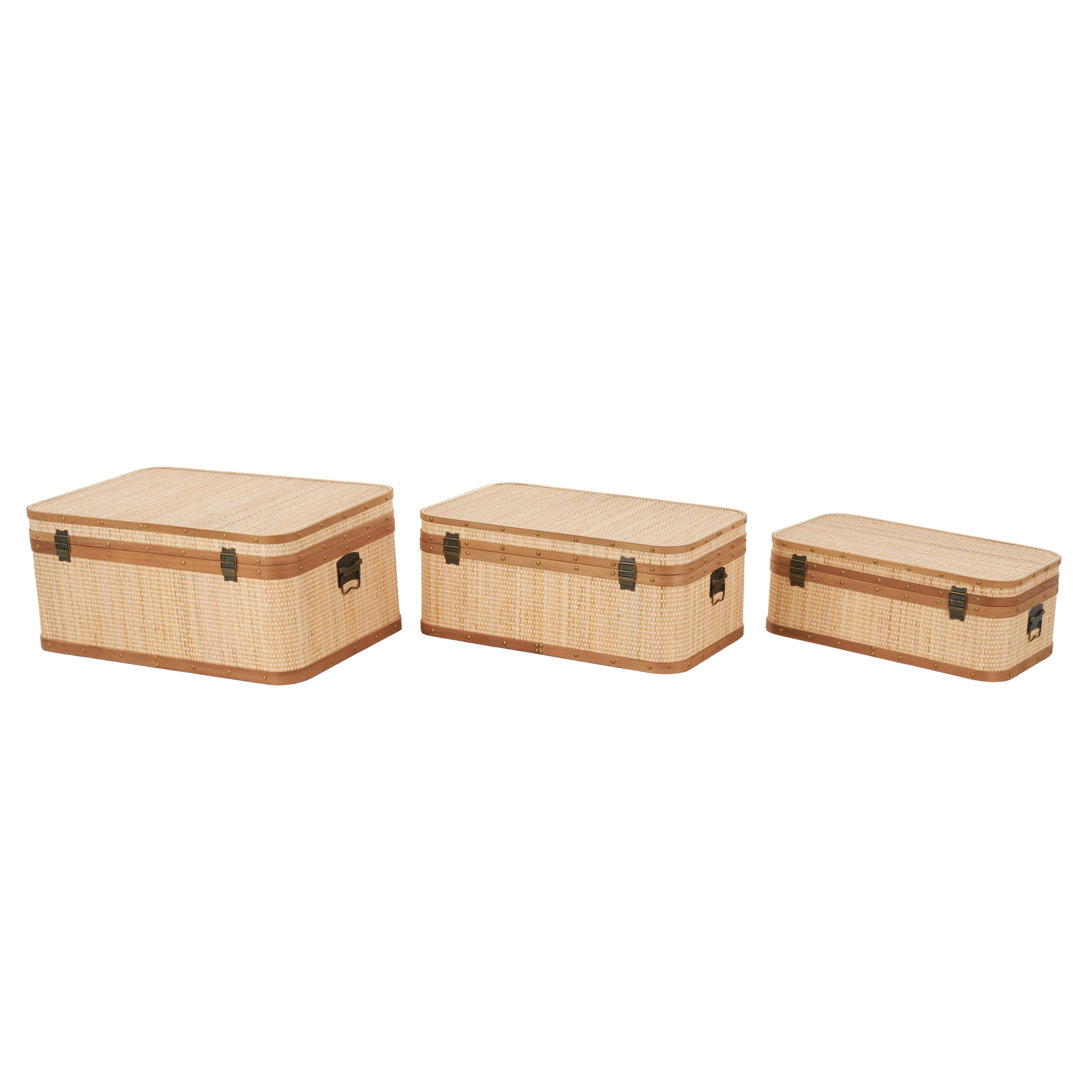 DecMode 28" x 13" Light Brown Rattan Woven Trunk with Brass Metal Latches and Brown Wooden Accents, 3-Pieces