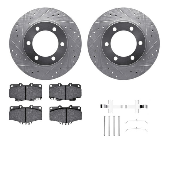 Dynamic Friction Company Front Brake Rotors-Drilled and Slotted-Silver with Ultimate Duty Performance Brake Pads includes Hardware 7412-76012