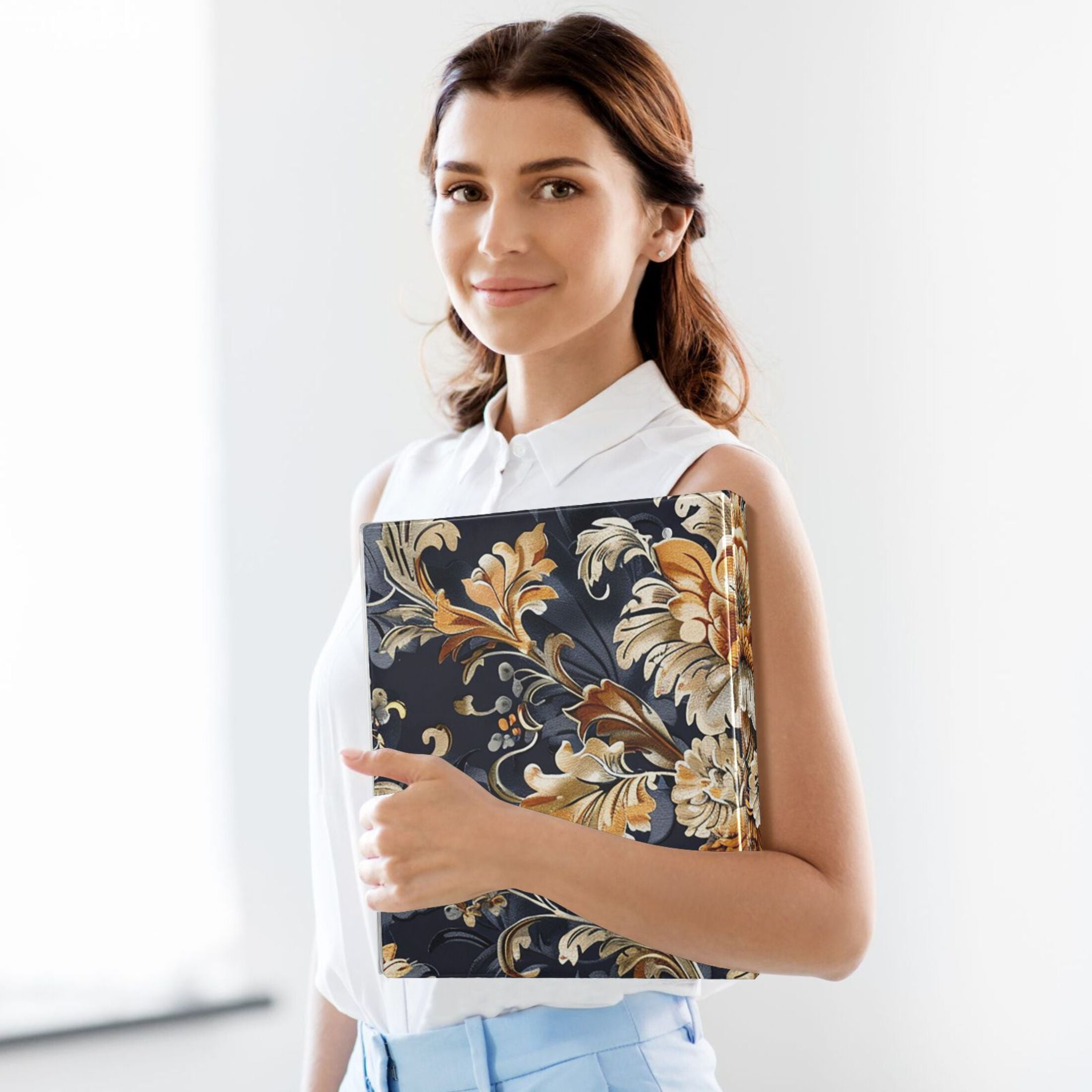 Floral Gold 3 Ring Binders 1.5 inch Hardcover File Folders with Interior Pockets A4 Size Organizer for School Office Hospital