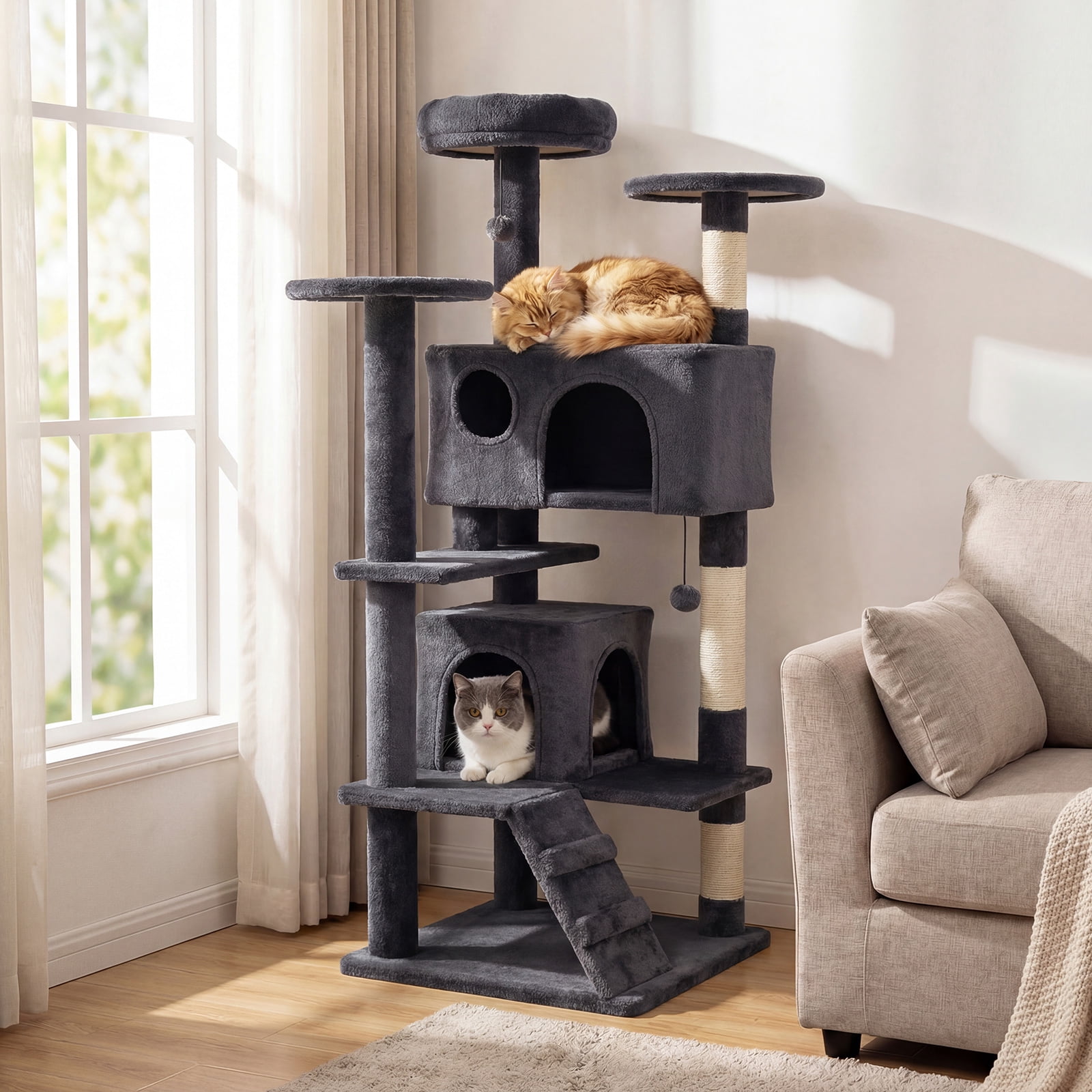 Gymax 52'' Tall Cat Tree Tower w/2 Condos Plush Padded Perch Sisal Scratching Posts Dark Gray