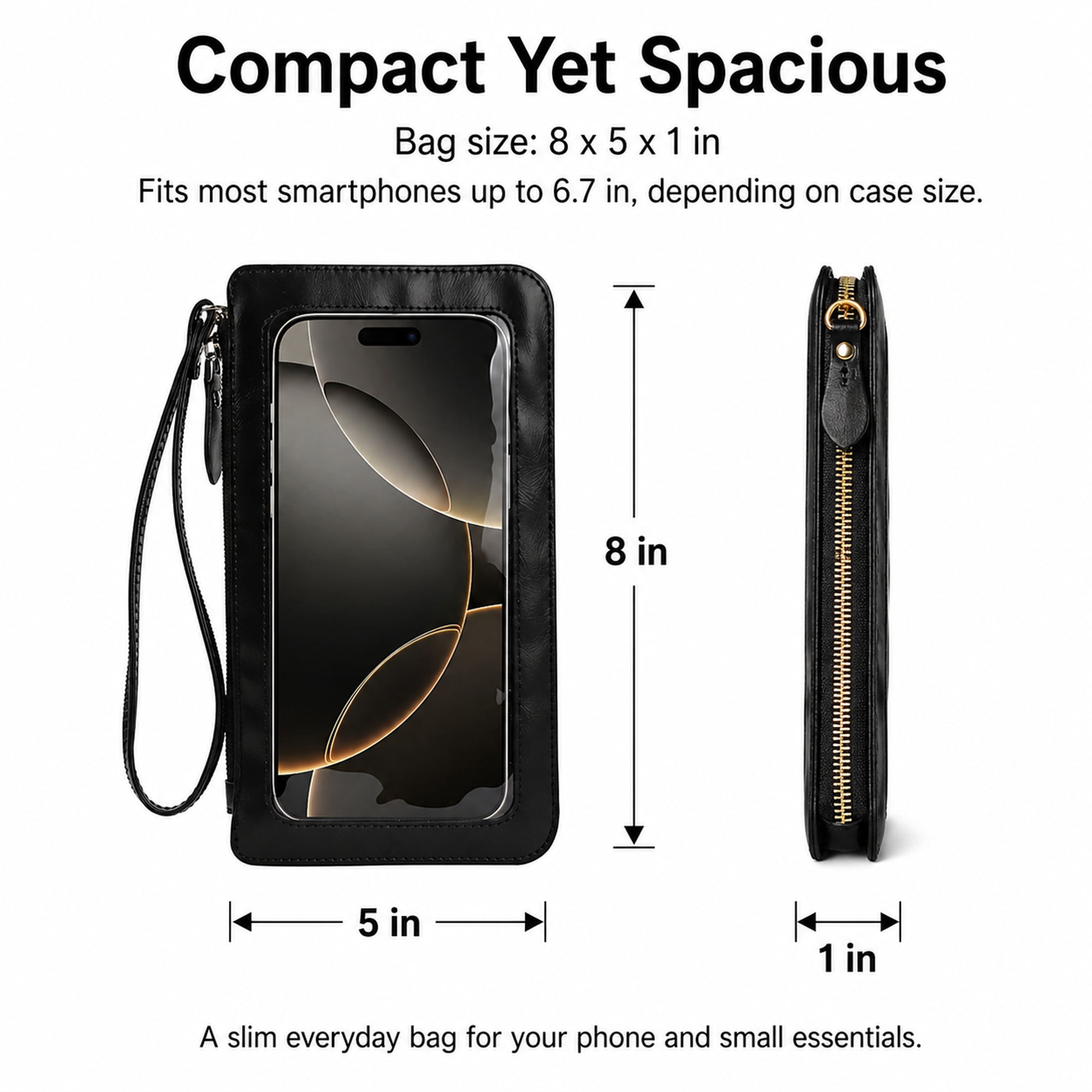 Touch Screen Phone Crossbody Bag, Mini Smartphone Shoulder Pouch with Clear Window Black