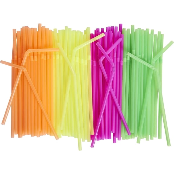 Sip N' Joy Flexible Disposable Drinking Straws, Neon Assorted Colors, Ideal for Smoothies, Kid Friendly, 500-Pack