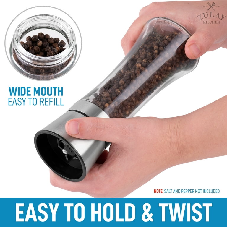 Zulay Kitchen Salt and Pepper Grinder with Lid Cap & Portable Holder 5  Coarseness Options - Silver