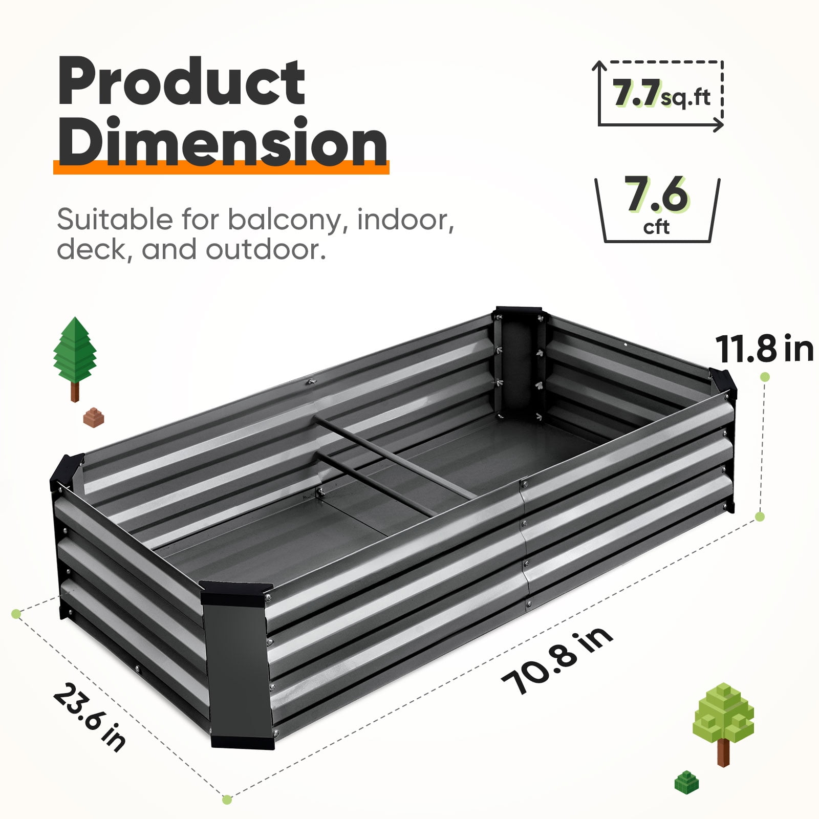 King Bird 4x2x1 ft Galvanized Metal Raised Garden Bed with Bottom Closed - Elevated Planter Box for Indoor, Outdoor, Patio & Balcony Gardening Dark Gray