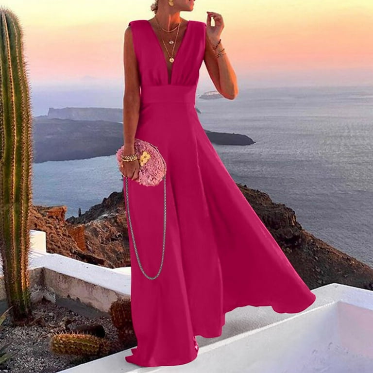 NKOOGH Womens Sun Dresses Wrap Dresses Summer Women Casual Boho Print Dress  Zipper V Neck Sleeveless Long Dresses Holiday Fashion Dress Elegant Long