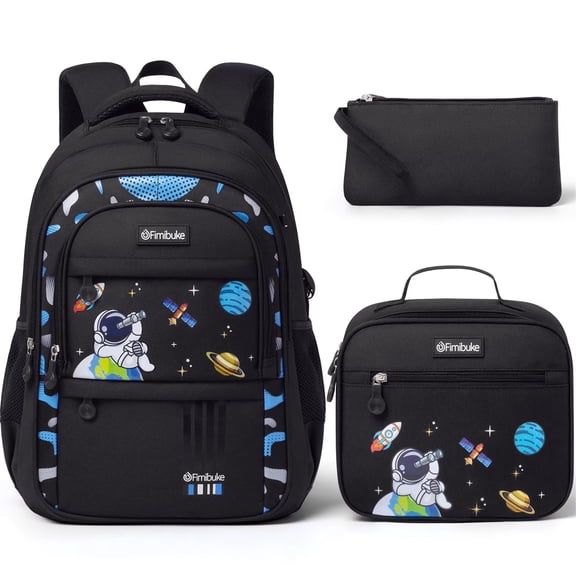 3-Piece Cute Backpacks Casual Daypack with Lunch Bag Pencil Pouch Set, Waterproof Lightweight Bookbag, Black Space