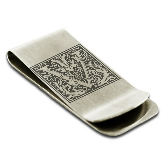 Stainless Steel Letter V Initial Floral Box Monogram Engraved Engraved Money Clip Credit Card Holder