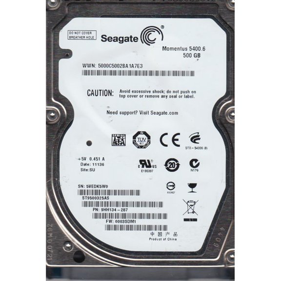 ST9500325AS, 5VE, SU, PN 9HH134-287, FW 0003SDM1, Seagate 500GB SATA 2.5 Hard Drive