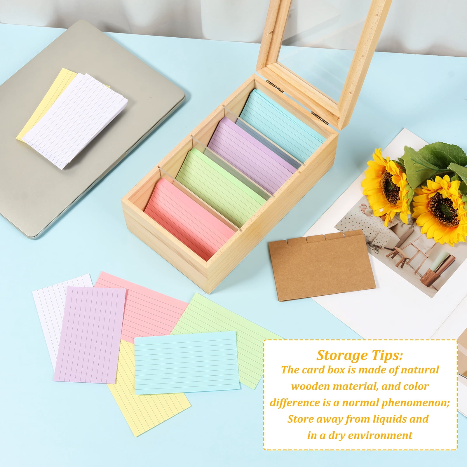 3 x 5in Index Card Holder Set Wood Recipe Box Organizer Index Card Organizer Adjustable Divider Without or With 300 Note Paper for Office Business Home