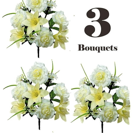 Tall Flower Arrangement Realistic Faux Flower Bouquets or Centerpiece Arrangements, 3 Unit Pack, Collection of Spring Whites, Silky Blooms of Roses, Lilies, and Hydrangea Spray, Grass, Leaves, Each 16 Tall Inches ()